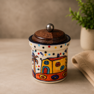 HANDPAINTED HUT JAR WITH AIRTIGHT WOODEN LID