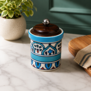 AUQA BLUE HANDPAINTED JAR WITH AIRTIGHT WOODEN LID