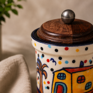 HANDPAINTED HUT JAR WITH AIRTIGHT WOODEN LID