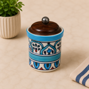 AUQA BLUE HANDPAINTED JAR WITH AIRTIGHT WOODEN LID