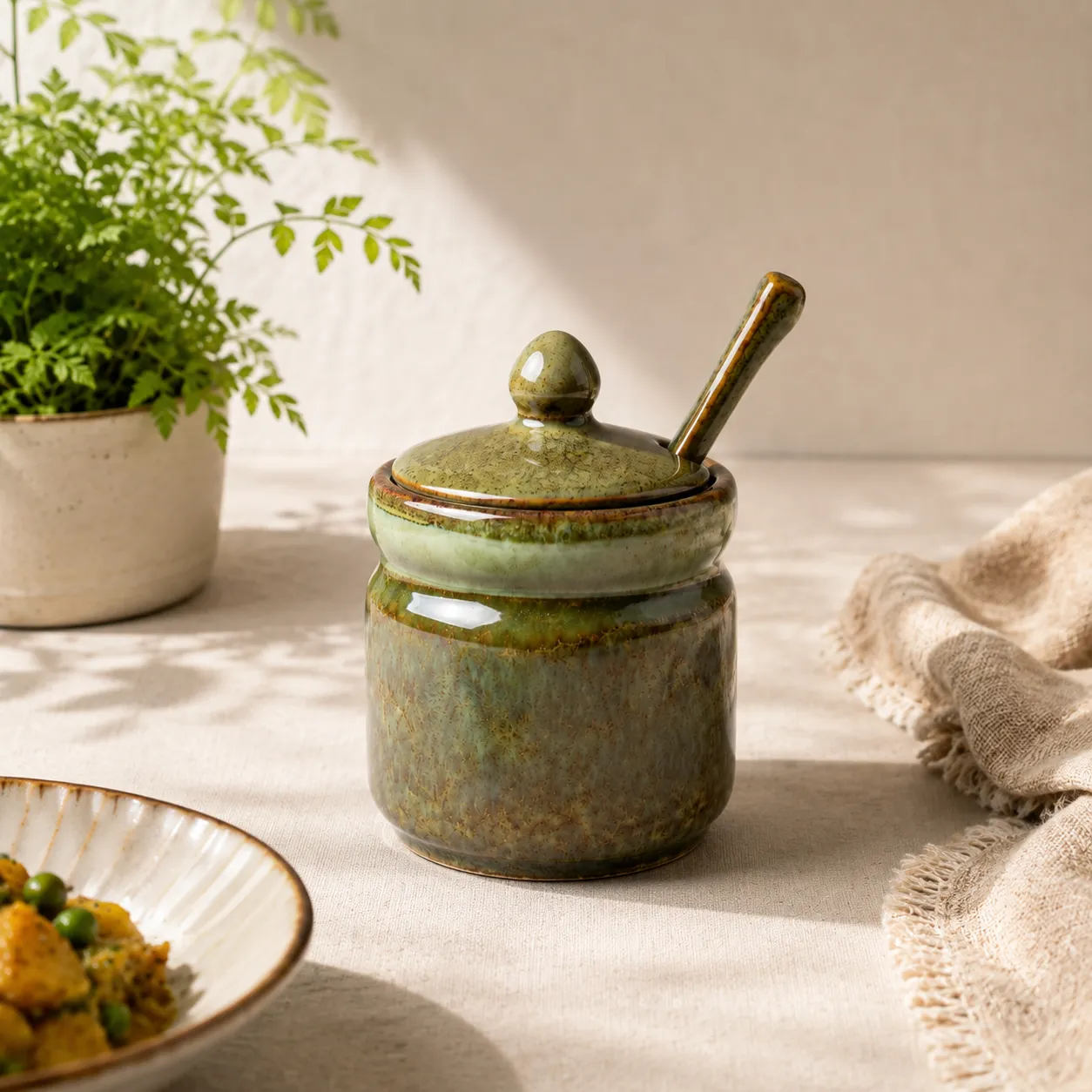 OLIVE GREEN CERAMIC CONDIMENT JAR WITH SPOON