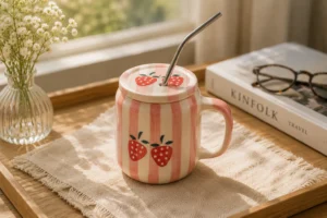 STRAWBERRY BLISS MUG WITH LID AND STRAW