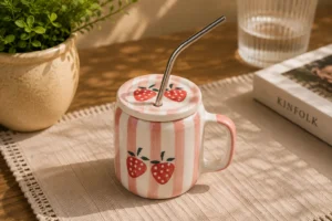 STRAWBERRY BLISS MUG WITH LID AND STRAW