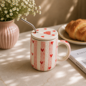 CUPIDS HEART MUG WITH LID AND STRAW