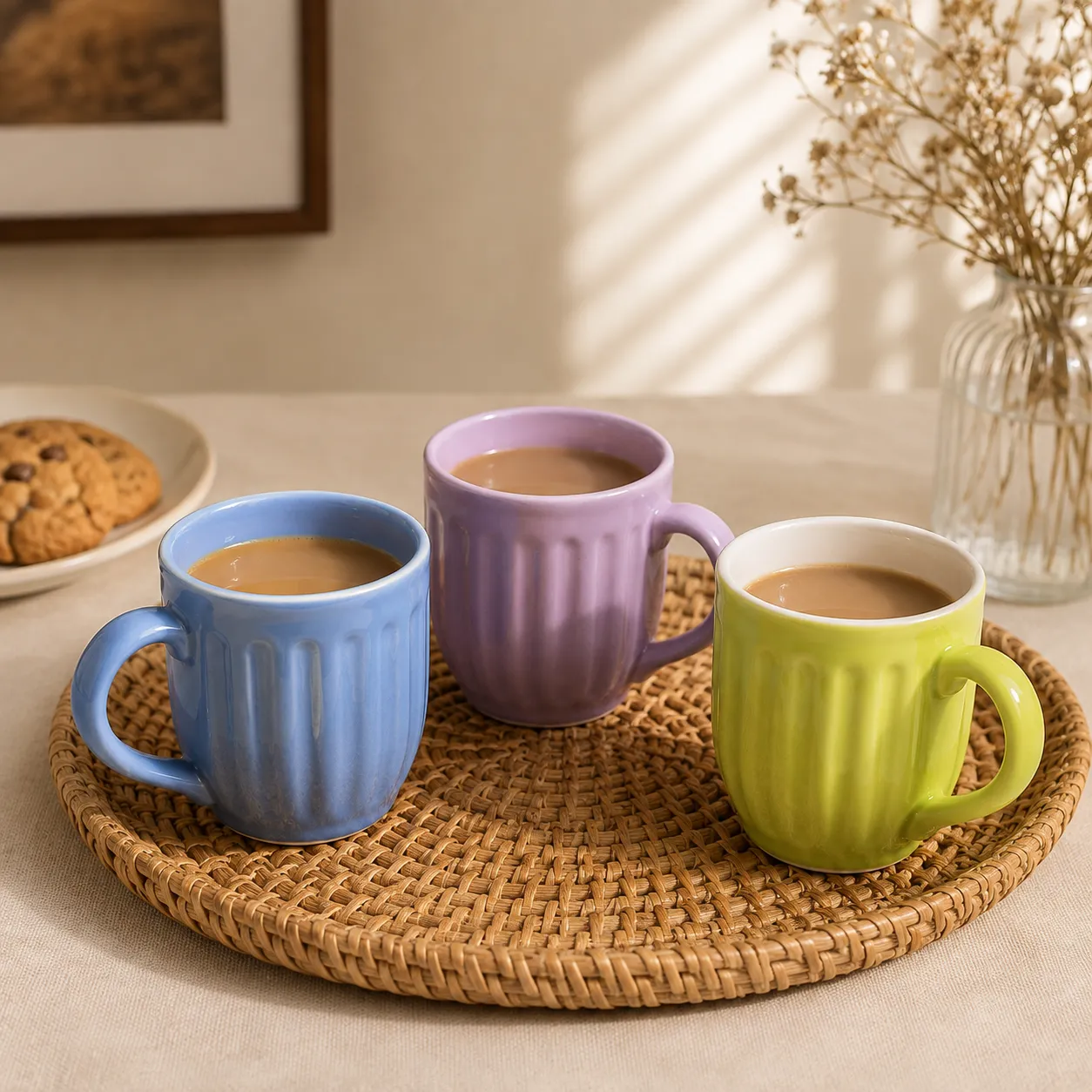 RIBBED CERAMIC PASTEL CUPS SET OF 3