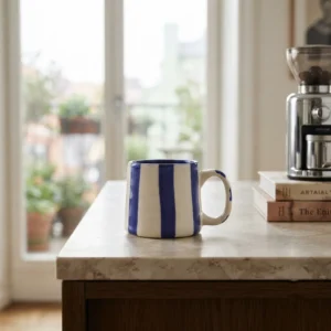 Blue White Striped Ceramic Coffee Cup Set of 2
