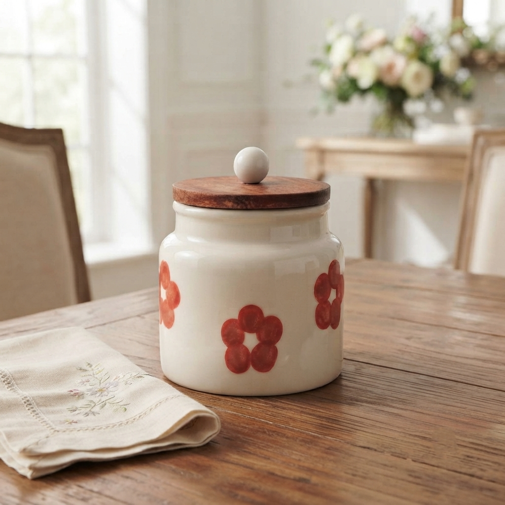 Red White Floral Ceramic Storage Jar with Wooden Lid – Set of 2