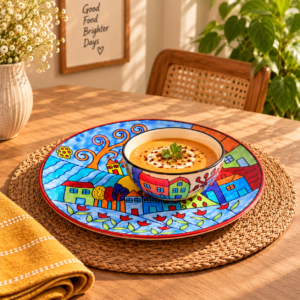 Multicolour Hand Painted Ceramic Dinner Plate and Bowl Set