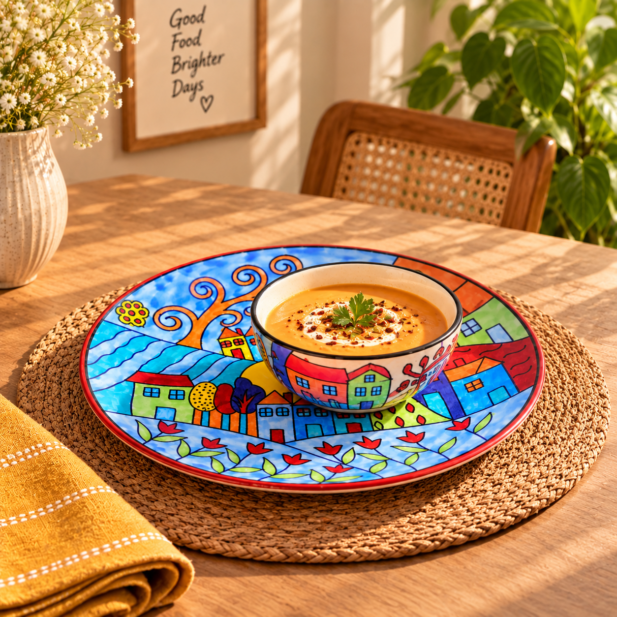 Multicolour Hand Painted Ceramic Dinner Plate and Bowl Set