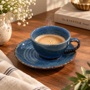 Ocean Blue Reactive Glaze Ceramic Cup and Saucer Set