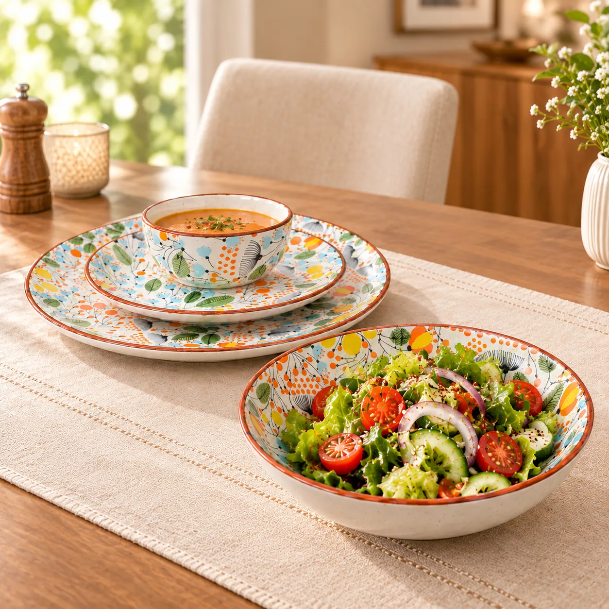 Orange Green Floral Handmade Ceramic Dinner Set - Image 2