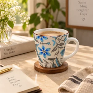 Blue Green Floral Hand Painted Ceramic Espresso Cup Set of 2