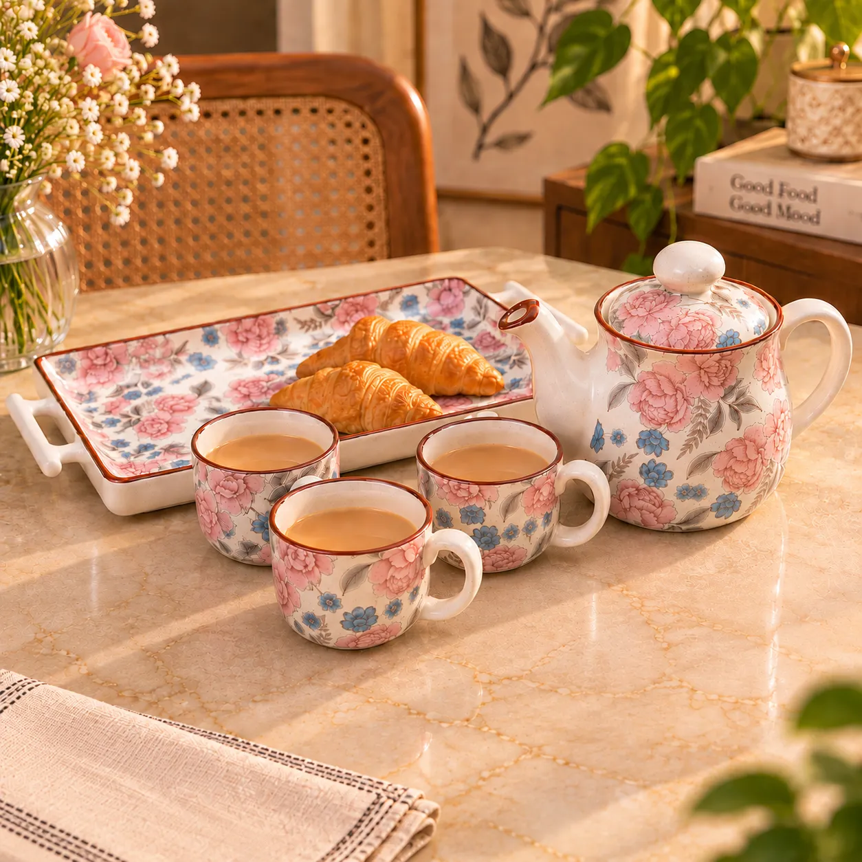 Pink Blue Hand Painted Ceramic Tea Set with Tray – 6 Piece - Image 2