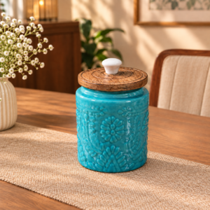 Teal Ceramic Kitchen Storage Jar with Wooden Lid – Set of 2