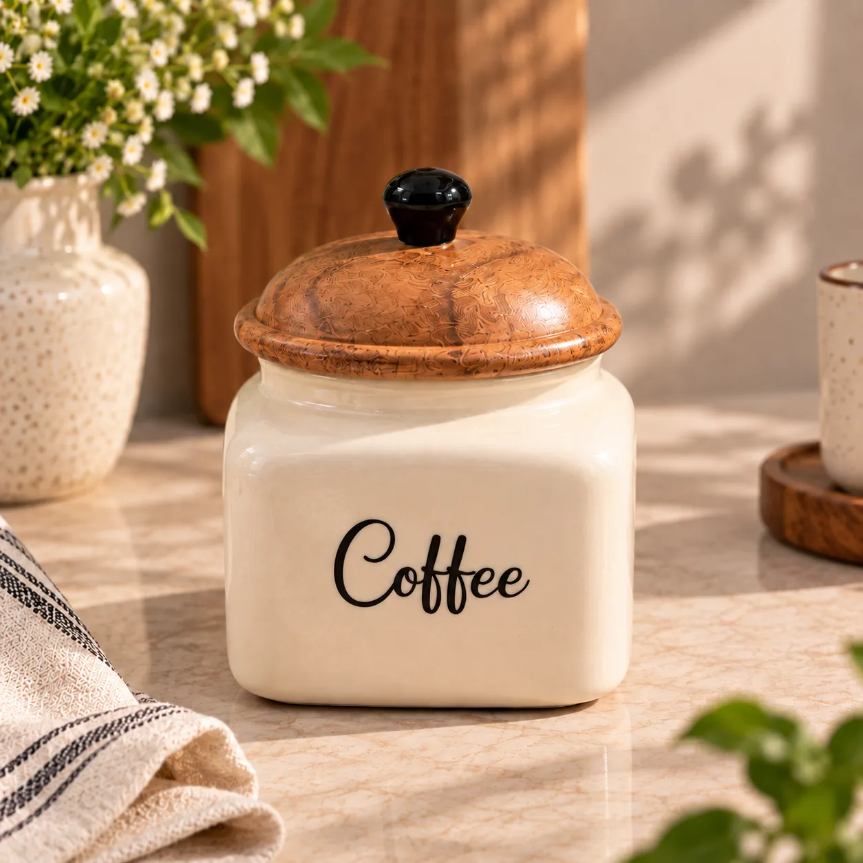 Ivory Brown Ceramic Kitchen Canister Set of 3 with Wooden Lids - Image 3