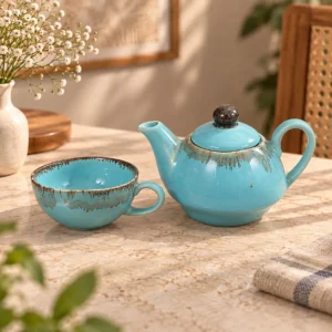 Light Blue Handmade Ceramic Stackable Tea Pot and Cup Set