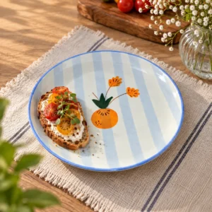 Light Blue Orange Floral Striped Ceramic Pasta Plate Set of 2