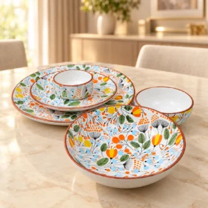 Orange Green Floral Handmade Ceramic Dinner Set