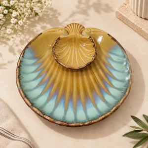 Yellow Blue Oyster Shaped Ceramic Chip and Dip Platter
