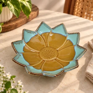 Mustard Blue Handmade Ceramic Lotus Serving Platter