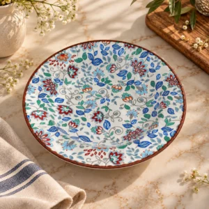 Blue Red Floral Hand Painted Ceramic Pasta Plate