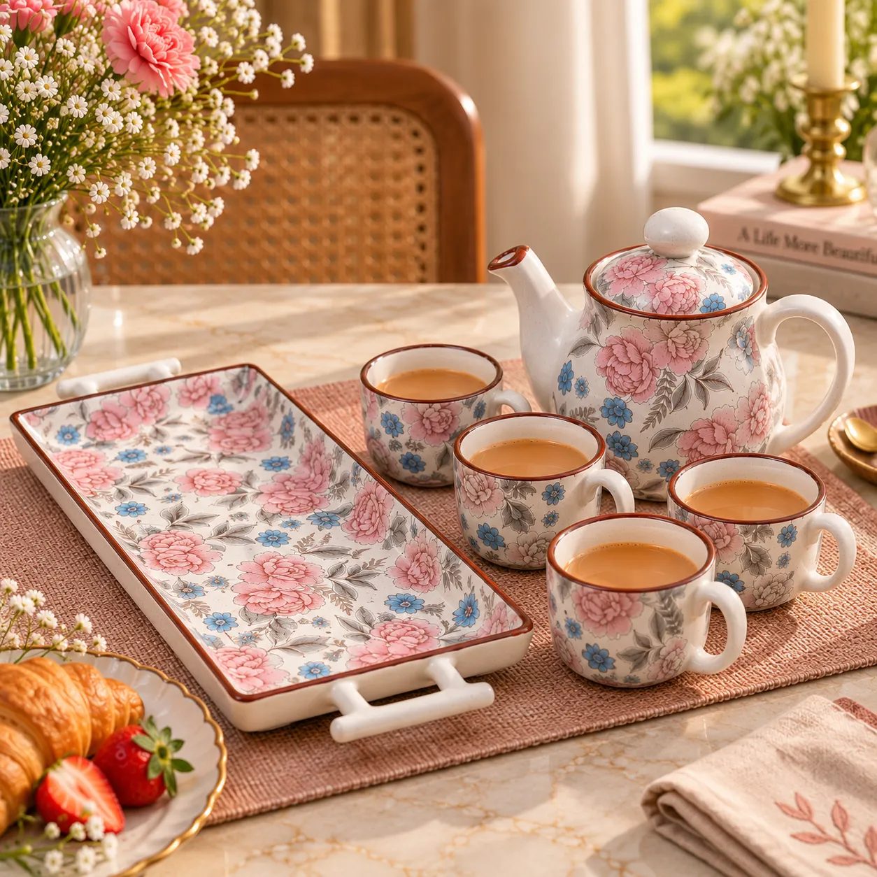 Pink Blue Hand Painted Ceramic Tea Set with Tray – 6 Piece - Image 3