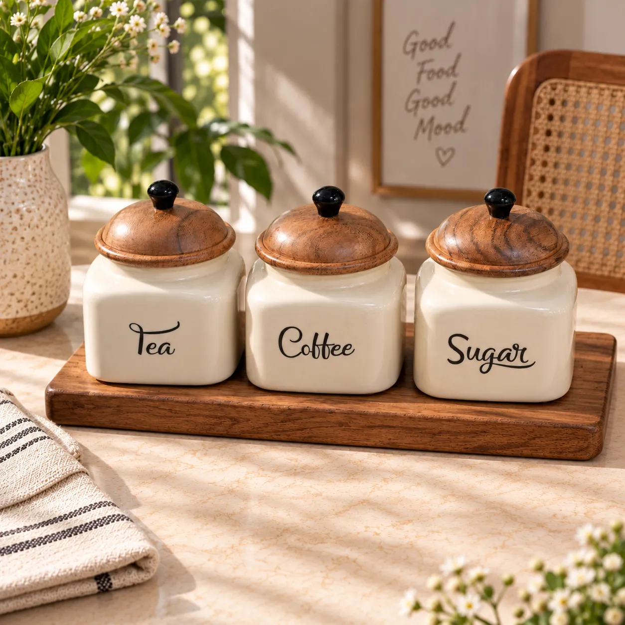 Ivory Brown Ceramic Kitchen Canister Set of 3 with Wooden Lids